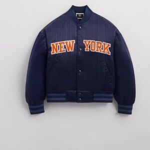 Kith Navy Blue 'New York' Varsity Jacket with Orange Lettering